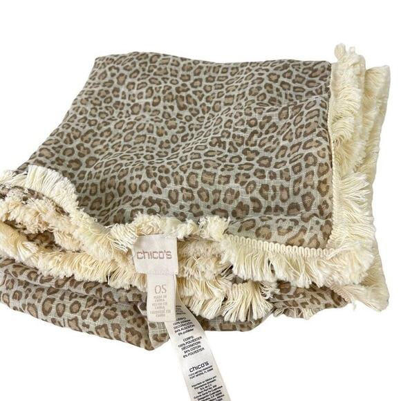Chicos Womens Leopard Print Scarf Fringe Sheer Wrap 42x42 Square Beige Ivory - Picture 11 of 16